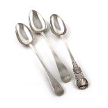 A collection of three 19th century Newcastle silver basting spoons, comprising: two Old English