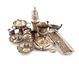 A mixed lot of silver items, various dates and makers, comprising: a sugar caster, by Carrington and