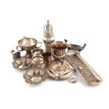 A mixed lot of silver items, various dates and makers, comprising: a sugar caster, by Carrington and