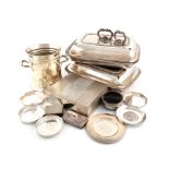 λA mixed lot, comprising silver items: a cigarette box, Birmingham 1950, inscribed, plus two pairs