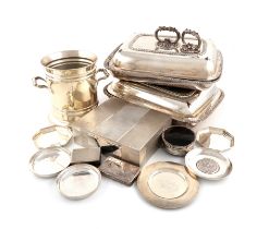 λA mixed lot, comprising silver items: a cigarette box, Birmingham 1950, inscribed, plus two pairs