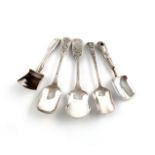 A small collection of five antique silver caddy/sugar spoons, various dates and makers, including