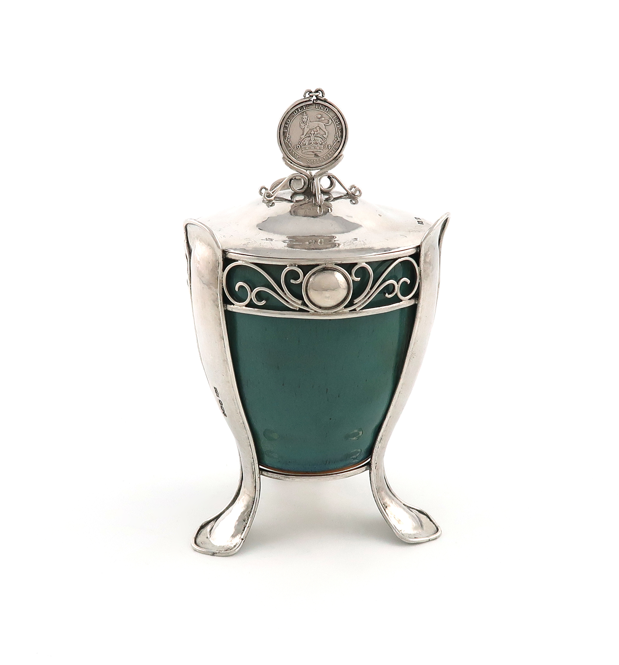 By Harry Charles Hall, an Arts and Crafts silver-mounted ceramic preserve jar and cover, Sheffield