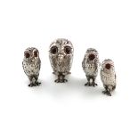 A four-piece Victorian novelty silver owl cruet set, by George Richards & Edward Brown, London 1865,