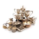 A mixed lot of silver items, various dates and makers, comprising: a capstan inkwell, five trophy