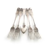 A set of four George III Scottish Regimental silver King's pattern table forks and a dessert