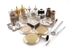 A mixed lot of silver items, various dates and makers, comprising: two silver-mounted glue pots,