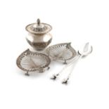 A pair of Turkish silver spoons, pointed oval bowl, spiral handles with bird finials, plus an Indian