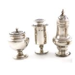 A small collection of three antique silver casters, comprising: a muffineer by Emes and Barnard,