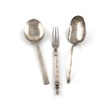 A small collection of silver flatware, comprising: a Notched Puritan spoon, unmarked, oval bowl with