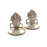 A pair of Regimental silver menu card holders, The Royal Fusiliers (City of London Regiment), by