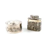 A silver tea canister, by H,F, Chester 1911, rectangular form, canted corners, figural scenes in