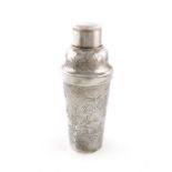 A Chinese silver cocktail shaker, tapering circular form, engraved with bamboo decoration on a