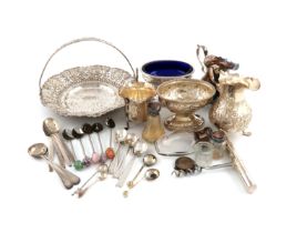 A mixed lot of silver items, various dates and makers, comprising: three cream jugs, a pair of