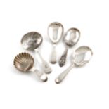 A small collection of five antique silver caddy spoons, various dates and makers, comprising: a