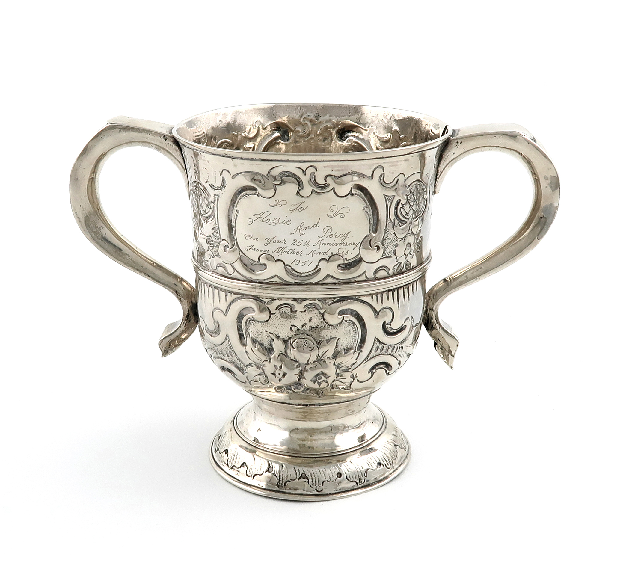 A mid 18th century silver two-handled cup, maker's mark of George Hindmarsh, London circa 1750,
