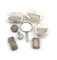 A mixed lot of silver items, various dates and makers, comprising: a squeeze-action tobacco box,