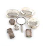 A mixed lot of silver items, various dates and makers, comprising: a squeeze-action tobacco box,