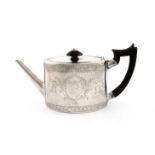 A George III silver tea pot, by Charles Aldridge & Henry Green, London 1781, oval form, engraved