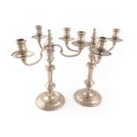 A pair of modern silver three-light candelabra, by Nat Leslie Ltd., London 1965, knopped baluster