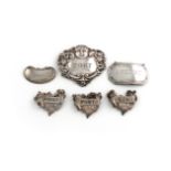 A small collection of modern silver wine labels, comprising: a set of three by Turner and Simpson,