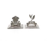 Two Regimental silver menu card holders, The Ceylon Planters' Rifle Corps and The Celyon Mounted