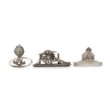 Three Regimental silver menu card holders, The Royal Artillery, one by L. Emanuel, Birmingham