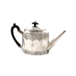 A George III silver teapot, by John Robins, London 1793, shaped oval form, tapering spout, scroll