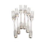 A set of six George III silver Fiddle pattern table forks, by Paul Storr, London 1815, the reverse