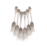 A set of six Victorian Regimental silver Old English pattern table forks, The 8th or Royal North
