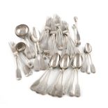 A mixed lot of silver flatware, various dates and makers, comprising: a set of ten George III Fiddle