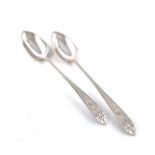 A pair of George III Irish silver Bright-cut basting spoons, by John Sheils, Dublin 1789, the