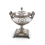 An early 19th century French silver-mounted two-handled sugar vase and cover, by Quentin