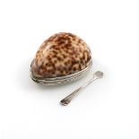 A George III silver-mounted cowrie shell snuff box, unmarked, circa 1780-1800, the plain hinged