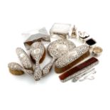 λA mixed lot of silver items, various dates and makers, comprising: a three-piece condiment set by