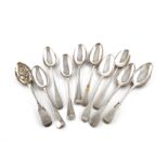 A collection of ten antique silver tablespoons, various patterns, dates and makers, comprising: a
