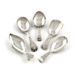 A small collection of five antique silver caddy spoons, various dates and makers, comprising: a