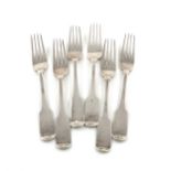 A matched set of six silver Fiddle pattern table forks, by J. Brady, Dublin 1799 and James Le Bas,