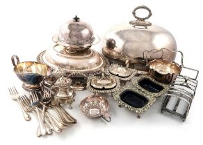 A mixed lot of electroplated items, comprising: a set of three graduated meat dish covers, domed