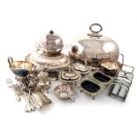 A mixed lot of electroplated items, comprising: a set of three graduated meat dish covers, domed