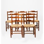 A set of five ash Clissett chairs, three slat back, rush seat unsigned, 89cm. high (5)