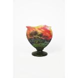 An Art Nouveau Daum Nancy cameo glass vase, swollen triangular section with pulled rim, on