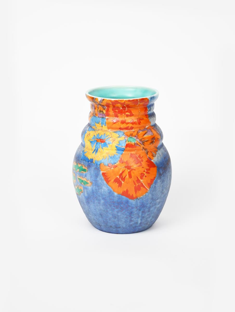 'Inspiration Clouvre' a Clarice Cliff Bizarre 358 vase, enamelled in colours on a matt blue - Image 2 of 2