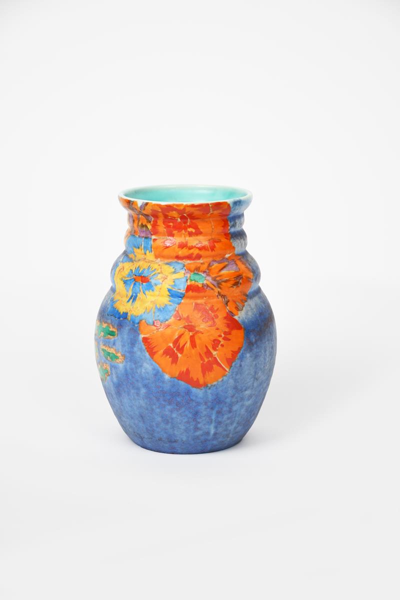 'Inspiration Clouvre' a Clarice Cliff Bizarre 358 vase, enamelled in colours on a matt blue