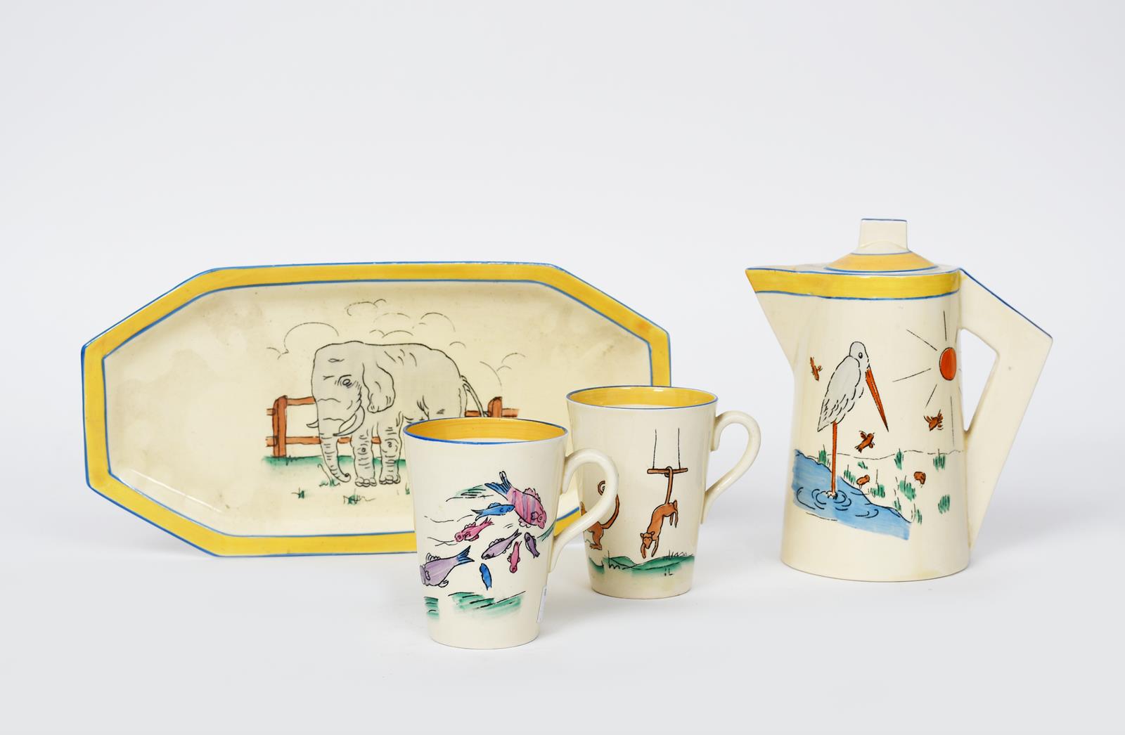 A Wilkinson's Kiddies Ware hot-chocolate set designed by Joan Shorter, printed and enamelled with