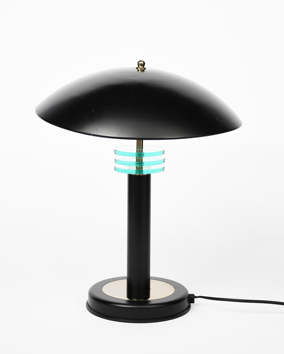 A modern table lamp, Modernist form with enamelled black shade, central black plastic and chrome