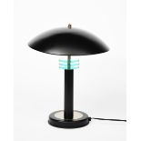 A modern table lamp, Modernist form with enamelled black shade, central black plastic and chrome