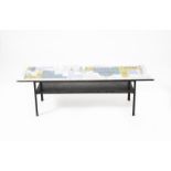 A Myer coffee table in the manner of John Piper for retail by Heal's, enamelled metal frame with
