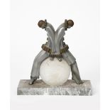 Exe Pierrot lamp, an Art Deco patinated metal table lamp, modelled as a pierrot couple seated on a