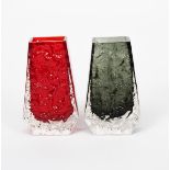 A Whitefriars Ruby red Coffin vase designed by Geoffrey Baxter, textured glass, and another